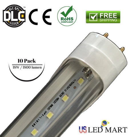 10 Pack - 4ft 18w T8 LED Tube Light G13 6500K Fluorescent Replace Bulb ( Bi Pin) - Clear Cover - DLC Approved